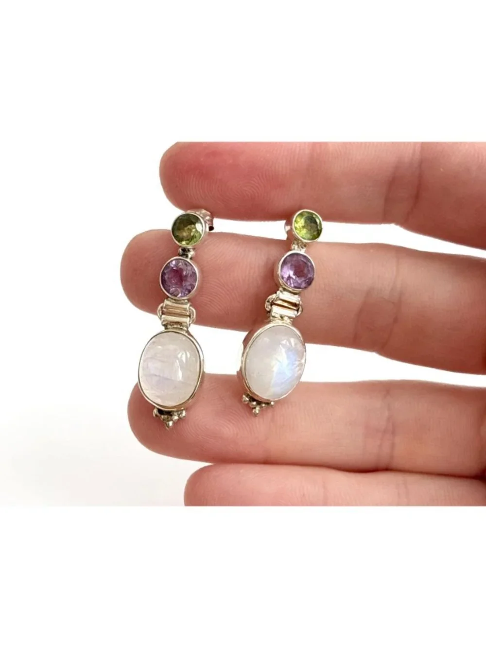 Moonstone, Amethyst & Peridot Vintage Sterling Silver 925 Dangle Drop Earrings